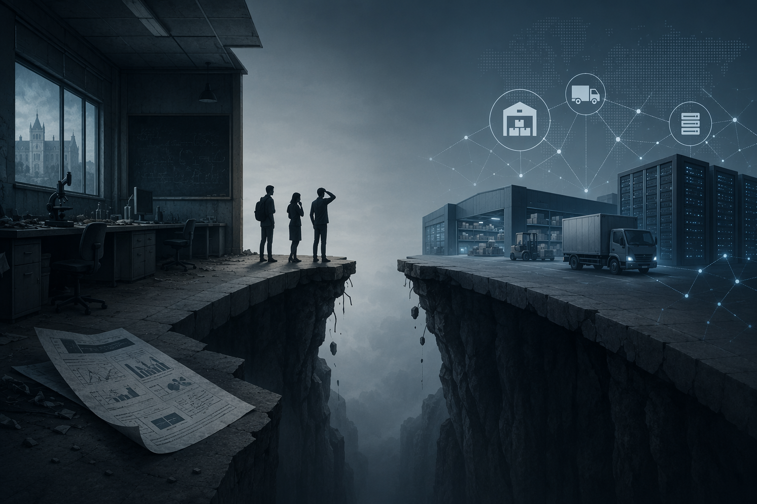 Empty graduate research lab connected by a broken bridge to warehouse, truck, and data center supply chain AI icons