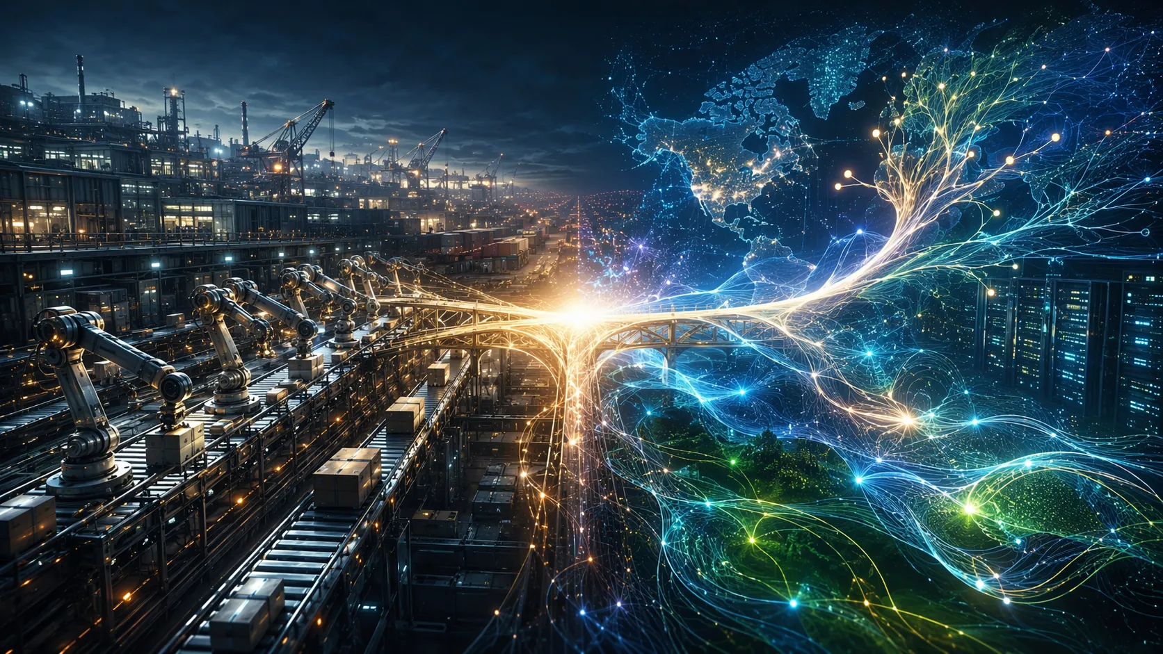 Split illustration of structured execution intelligence and fluid generative intelligence connected across an industrial supply chain landscape