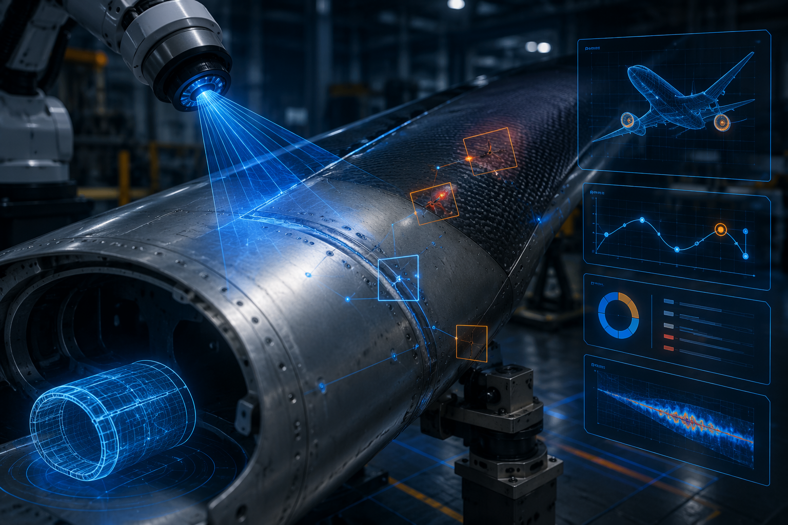 AI-powered computer vision inspecting an aerospace component for defects along a weld seam and composite surface