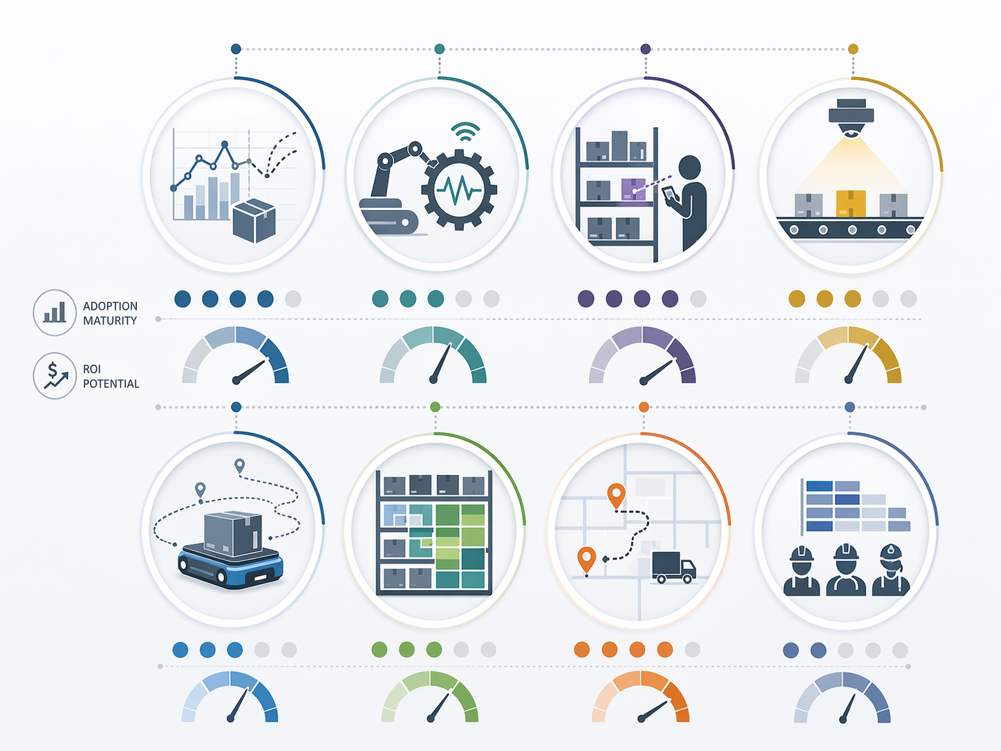 Comparison grid of eight warehouse AI use case icons with maturity gauges and ROI indicators