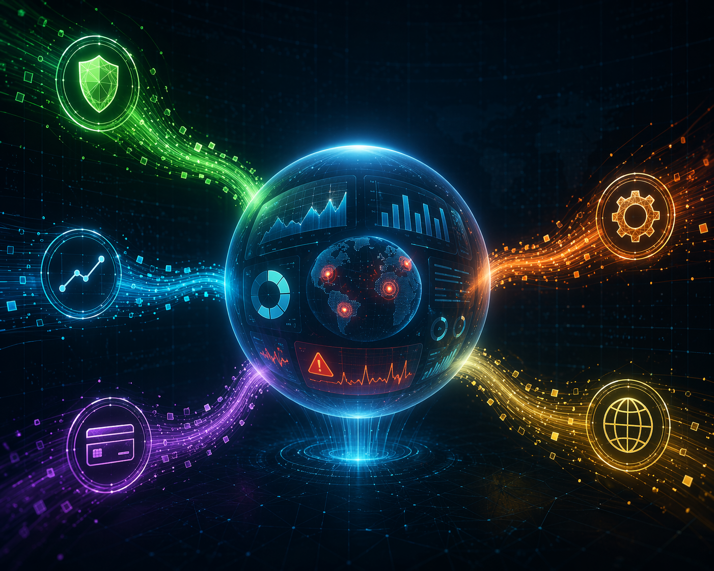 Five financial signal streams converging into an AI risk monitoring dashboard