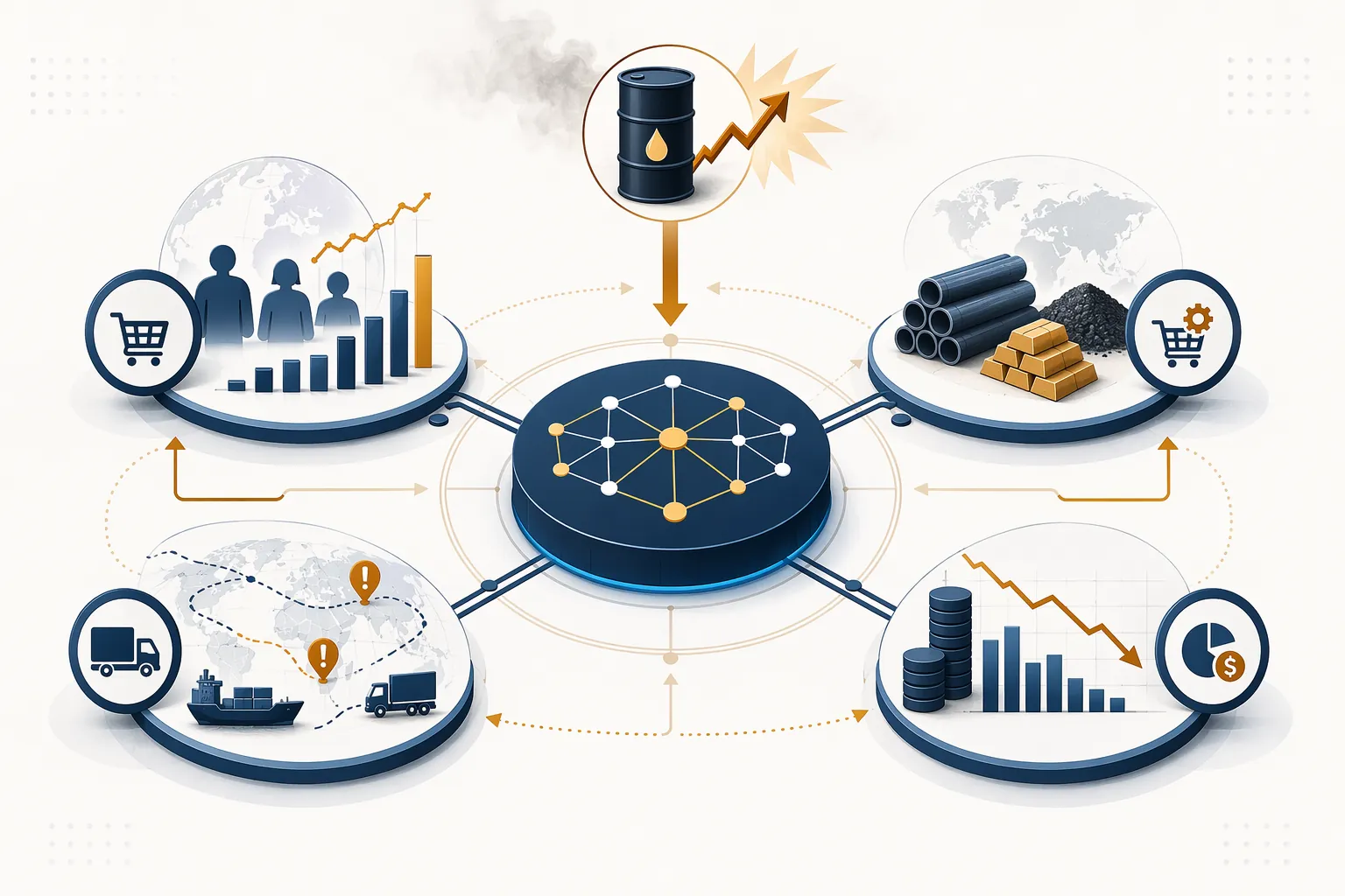Shared decision hub connecting demand planning, procurement, logistics, and finance under oil shock pressure
