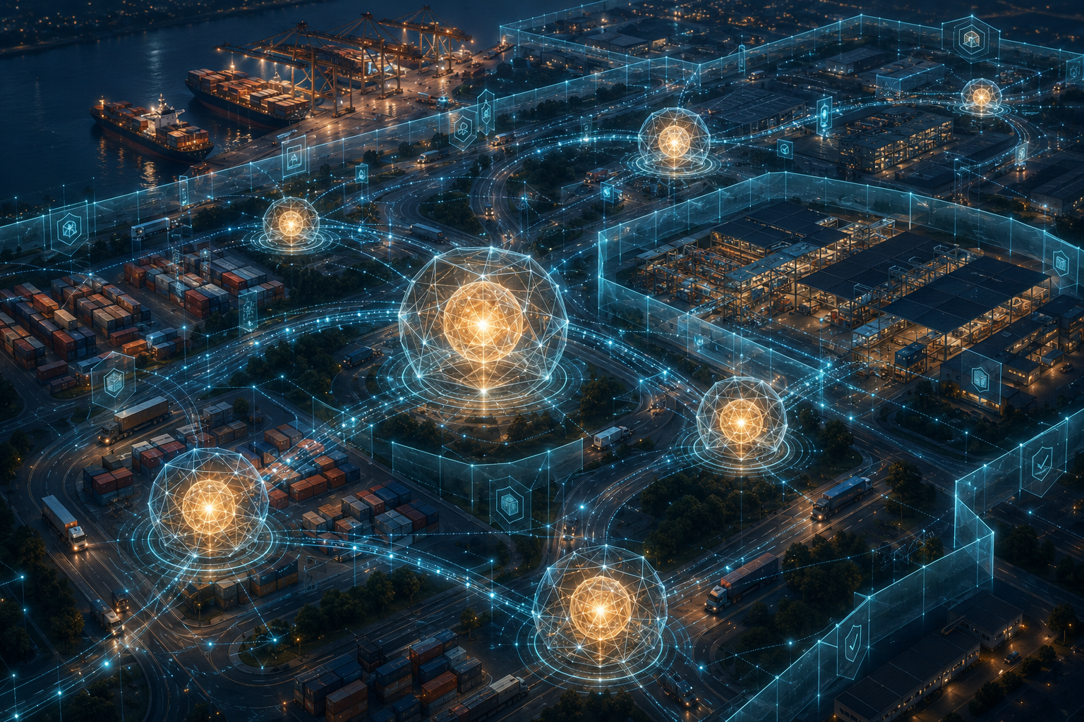 Supply chain network with AI agent nodes moving through governed data-flow lines