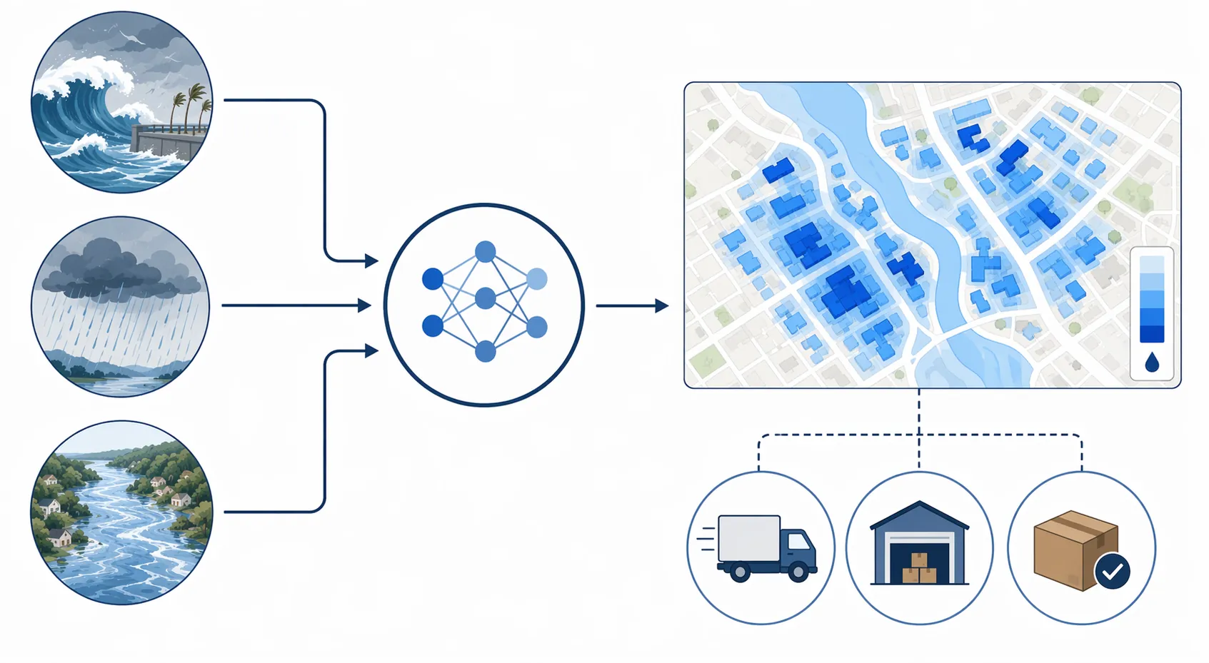 Workflow diagram of storm surge rainfall and river inputs feeding an AI flood forecast for supply chain actions