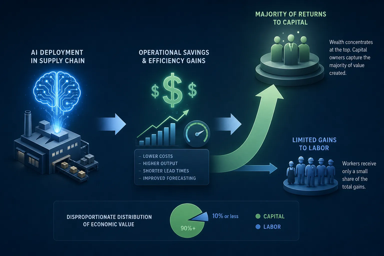 Flow diagram showing AI deployment savings moving mostly to capital holders and less to the workforce