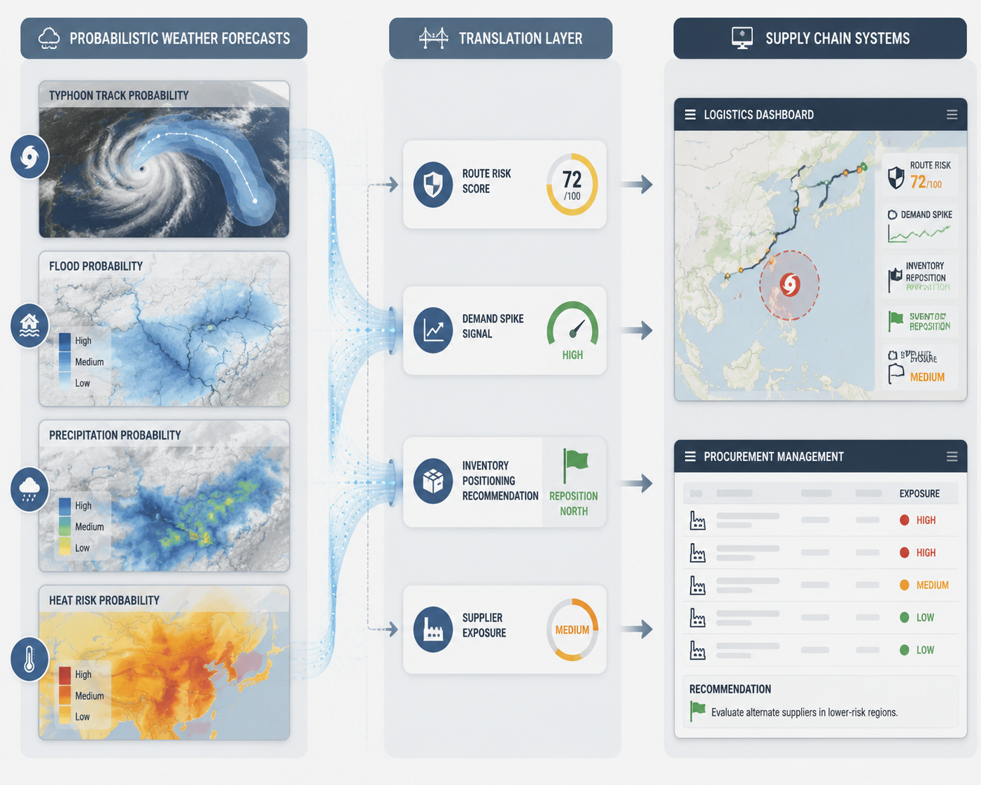Diagram showing probabilistic weather forecasts converted into route risk scores, demand signals, inventory flags, and supplier exposure indicators