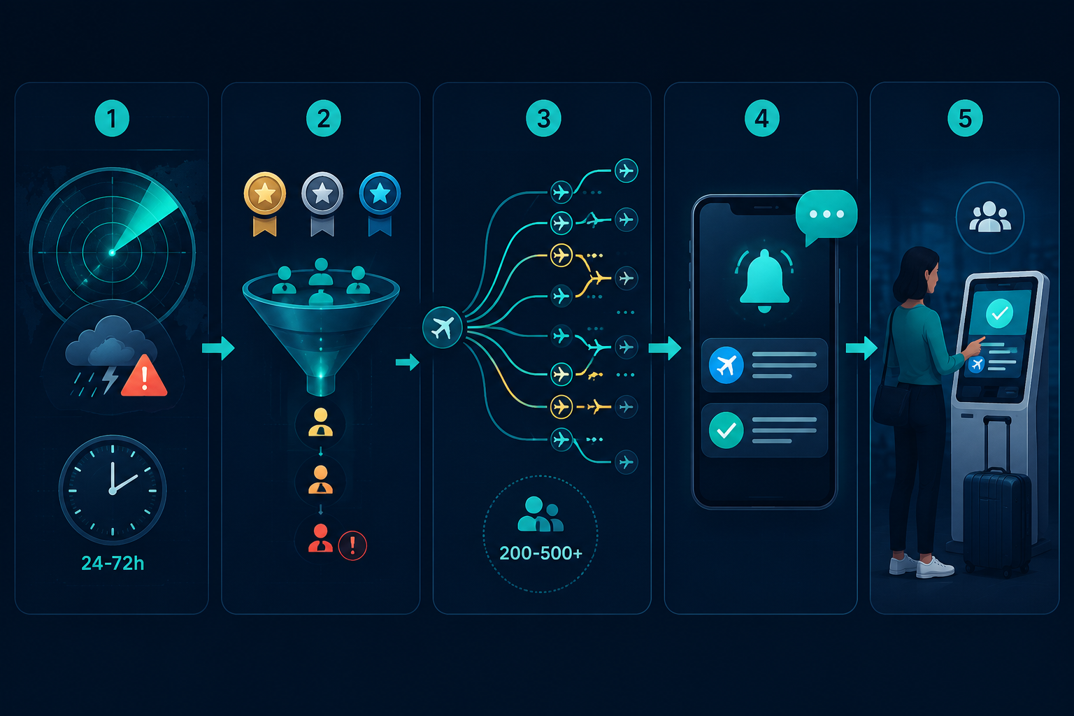 Five-layer AI rebooking workflow from disruption detection to passenger self-service
