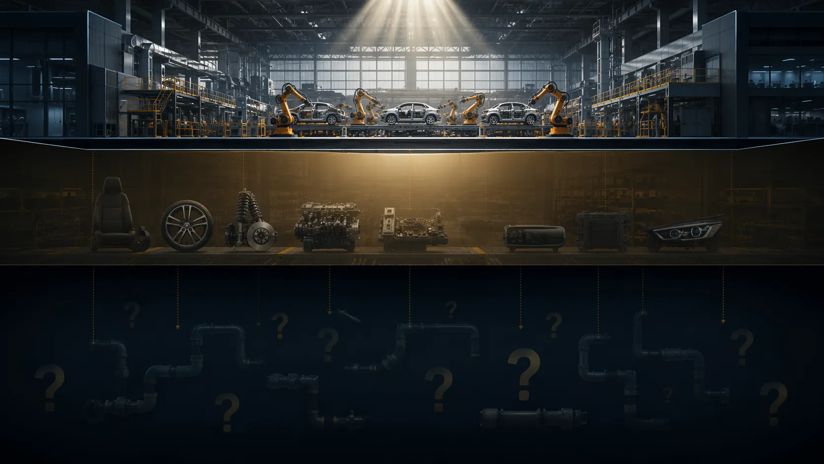 Tiered supplier network fading from visible Tier 1 factories into opaque lower tiers