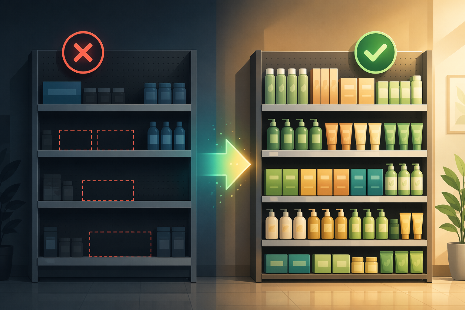 Before-and-after shelf availability comparison showing out-of-stock gaps replaced by fuller product availability