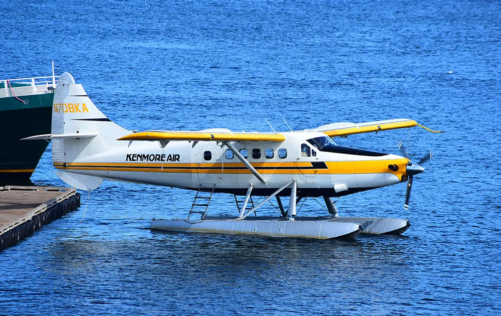 A De Havilland Canada DHC-3 Turbo Otter seaplane floating on water with shoreline and sky behind it