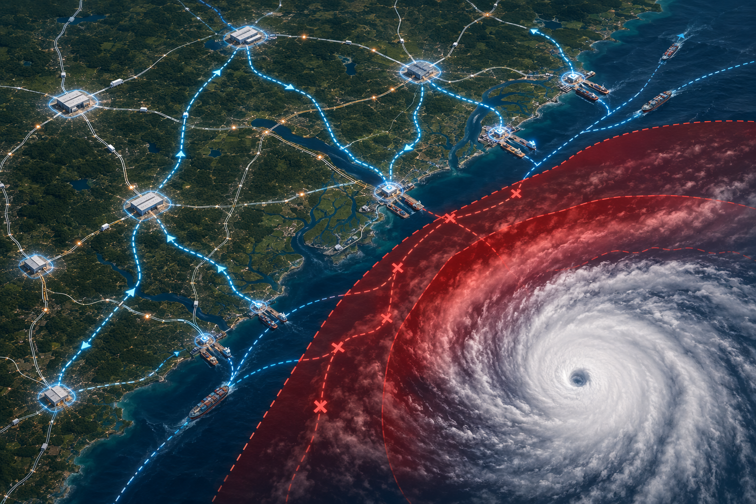 Logistics map showing hurricane hazard zones and alternate rerouting paths