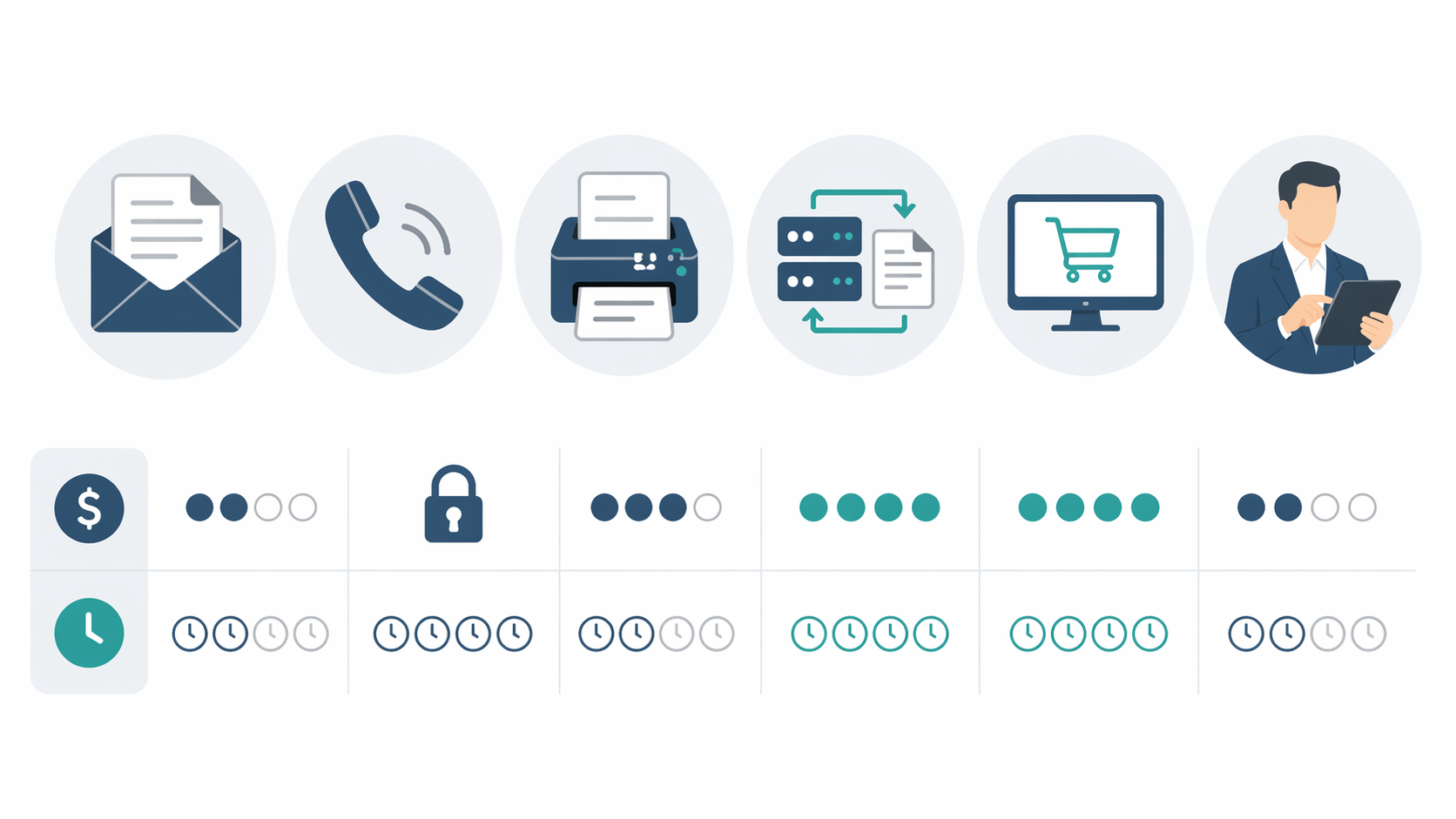 Order channel icons for email, phone, fax, EDI, web portal, and sales rep with cost and automation indicators