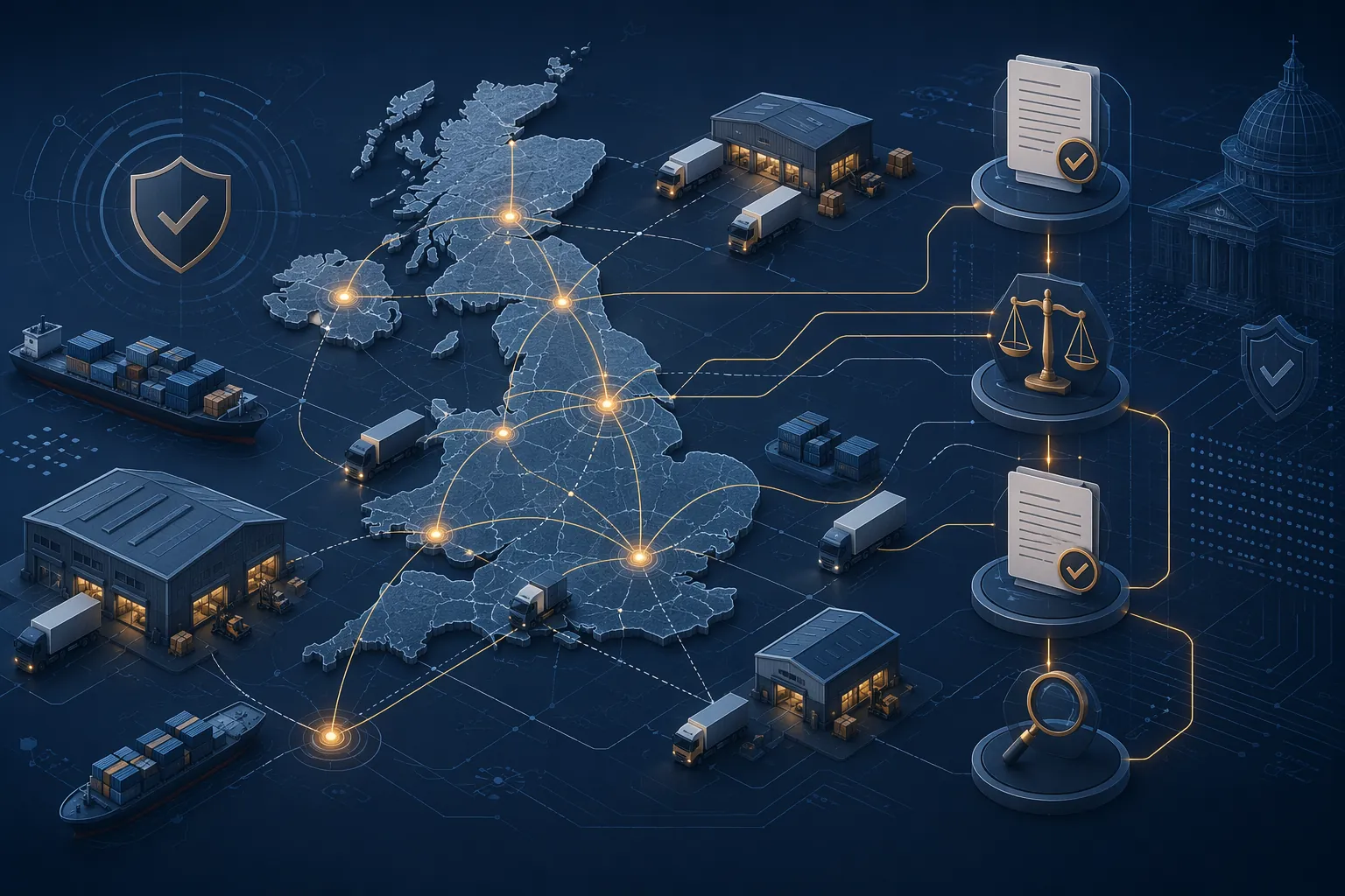 UK supply chain network with regulatory compliance checkpoints overlaid