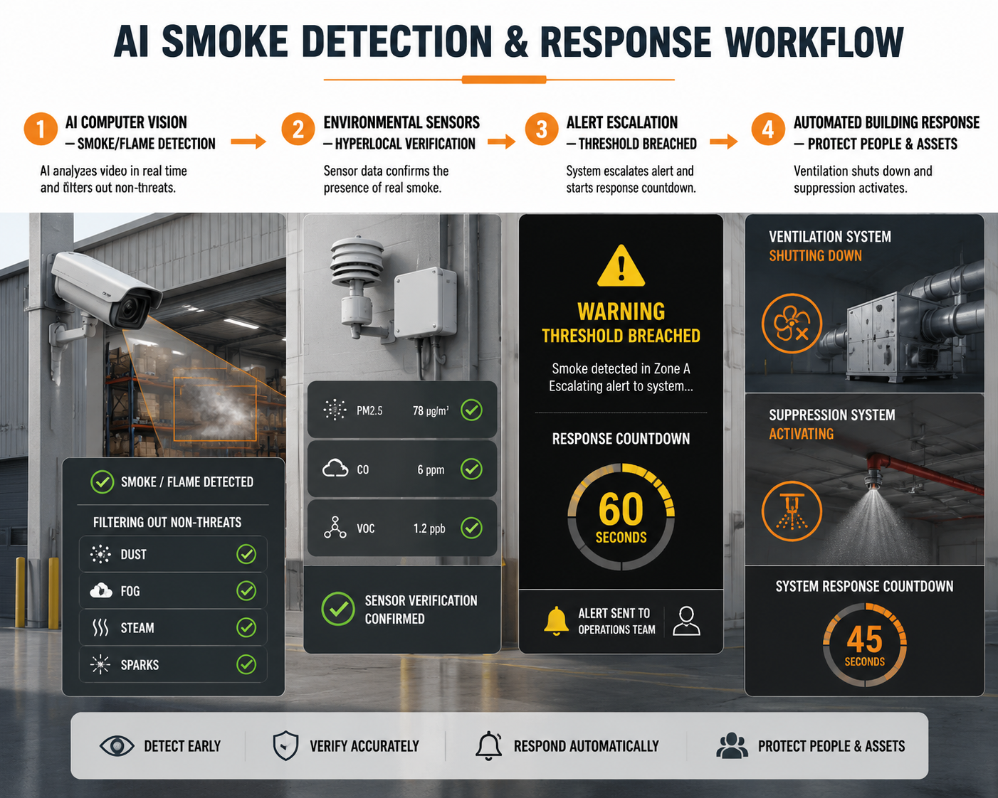 Workflow diagram of AI smoke detection, hyperlocal air sensors, alert escalation, and automated building response