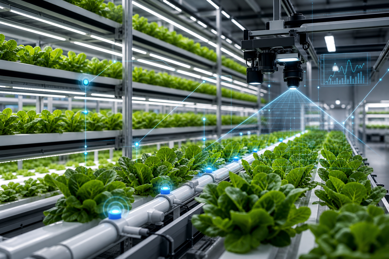 Modern indoor lettuce farm with sensor nodes, camera inspection, and connected data layers