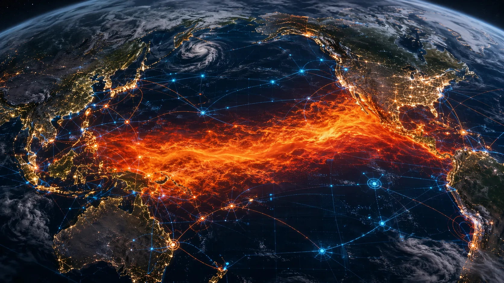 Satellite-style view of an El Niño heat plume crossing Pacific supply chain routes and digital network nodes