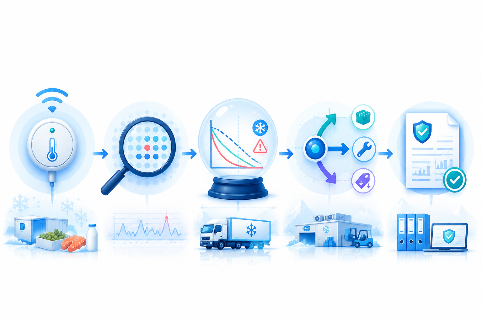 Five-part AI cold chain framework showing sensing, anomaly detection, prediction, decision, and compliance proof