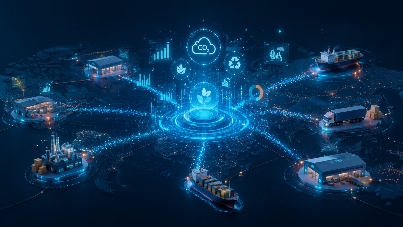 Supply chain network with logistics routes flowing into a central AI carbon analysis hub