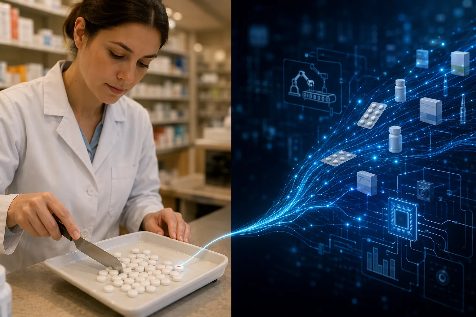 Pharmacist manually counting tablets with one faint red dot beside an abstract pharmaceutical AI data flow