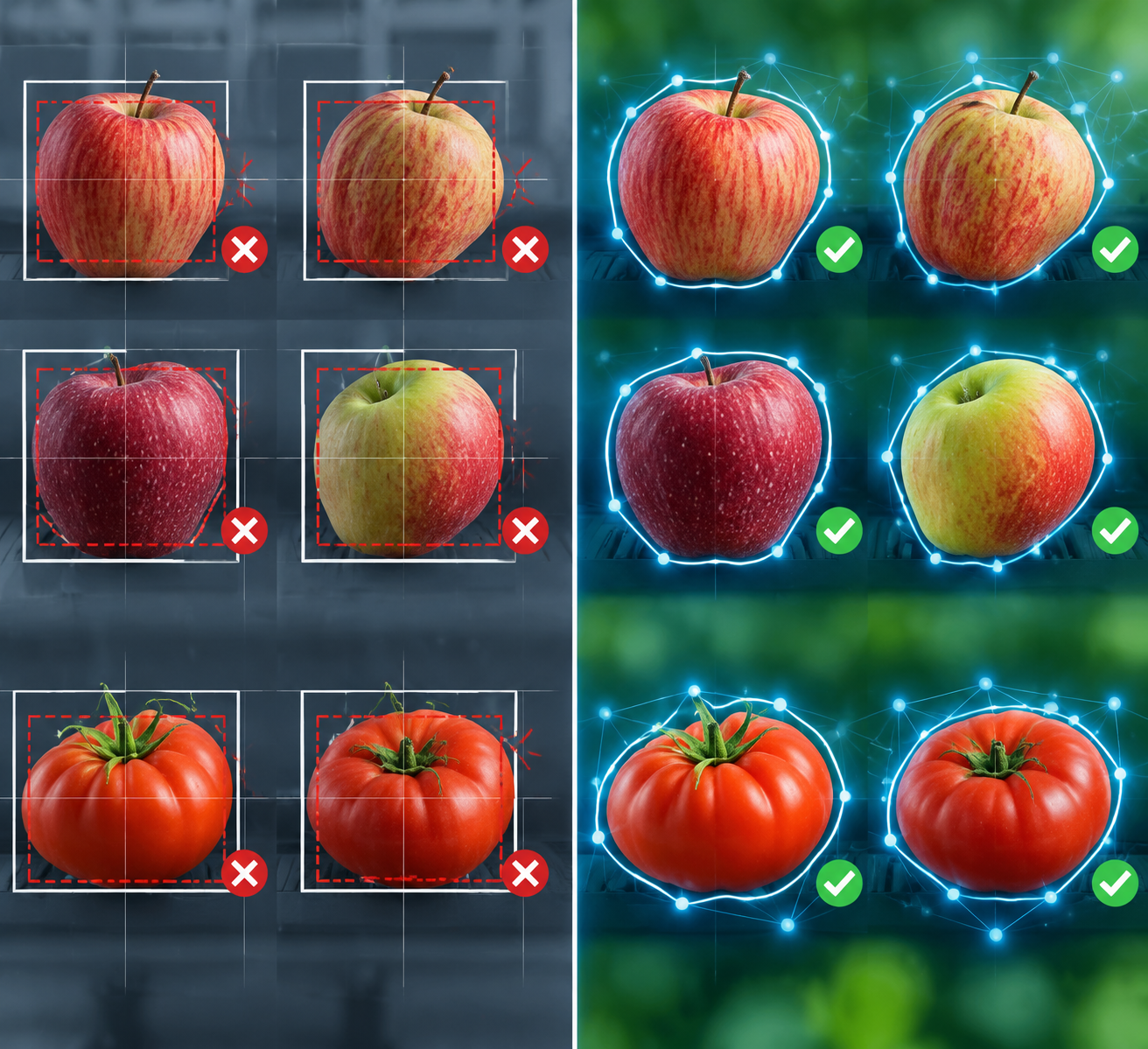 Comparison of rigid traditional machine vision and flexible deep learning patterns adapting to irregular produce shapes