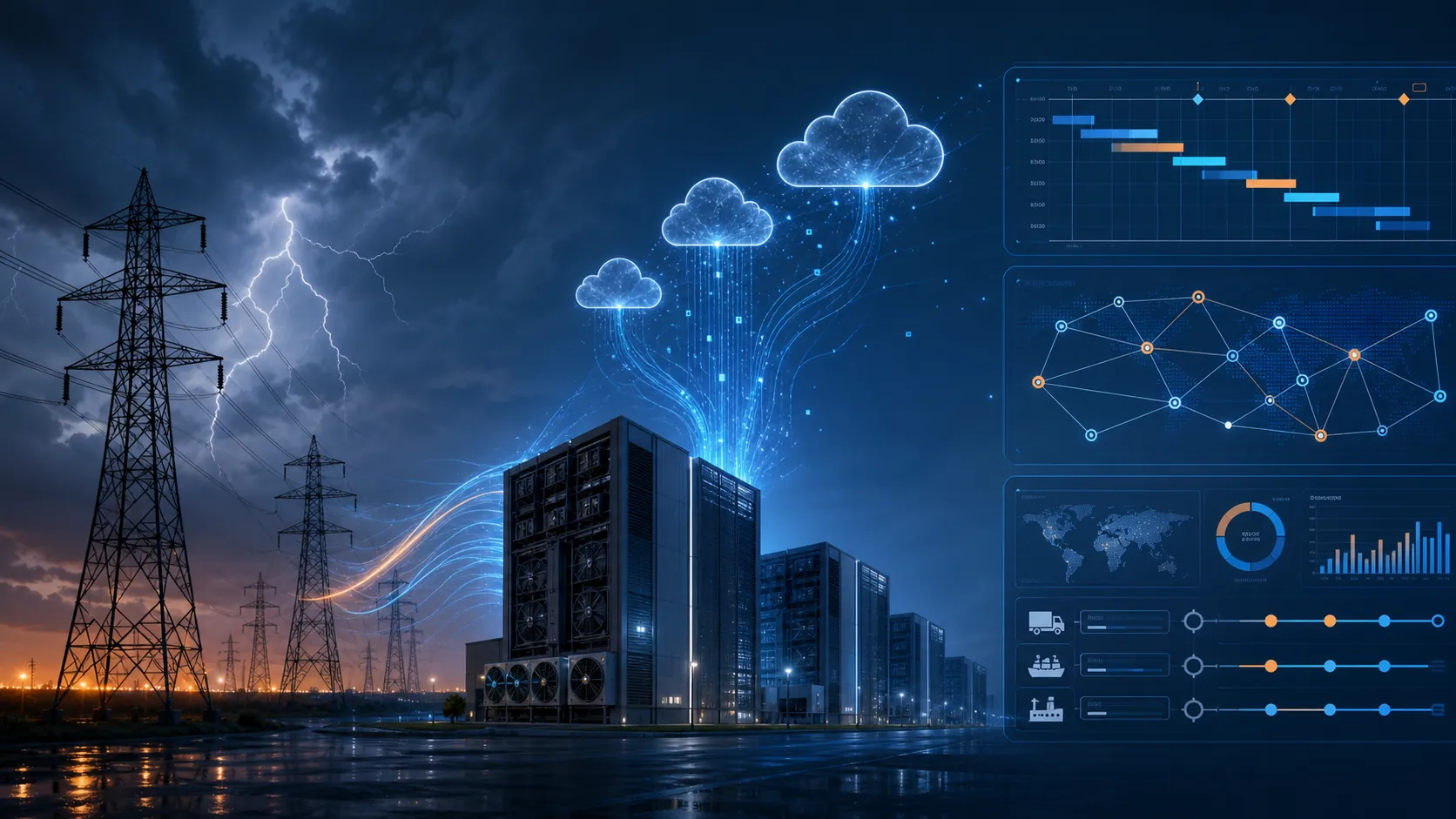 Electrical transmission towers feeding data centers that connect to cloud-based supply chain planning dashboards