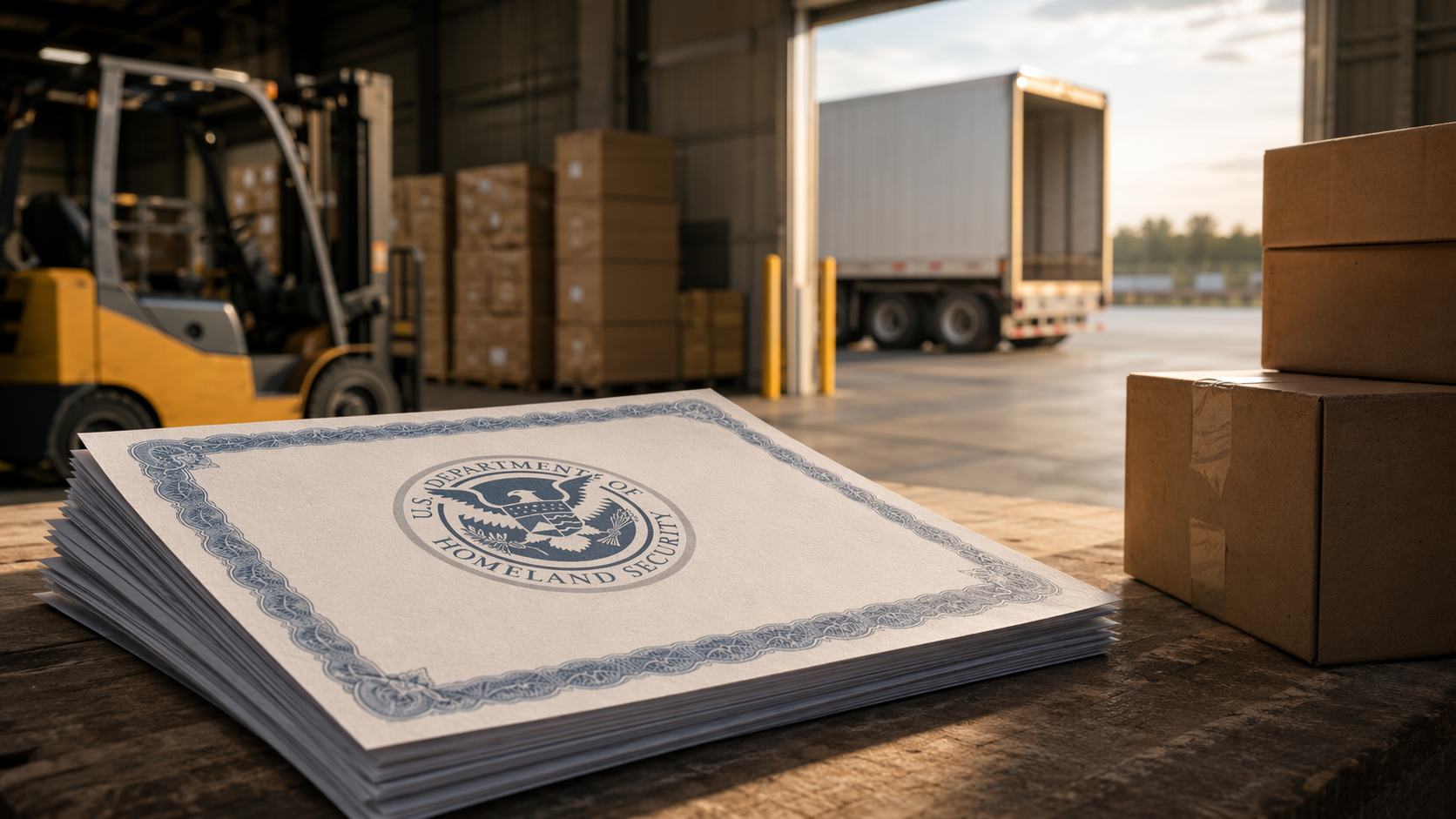 DHS Federal Register document on a warehouse shipping dock with boxes, pallets, a forklift, and an open trailer bay