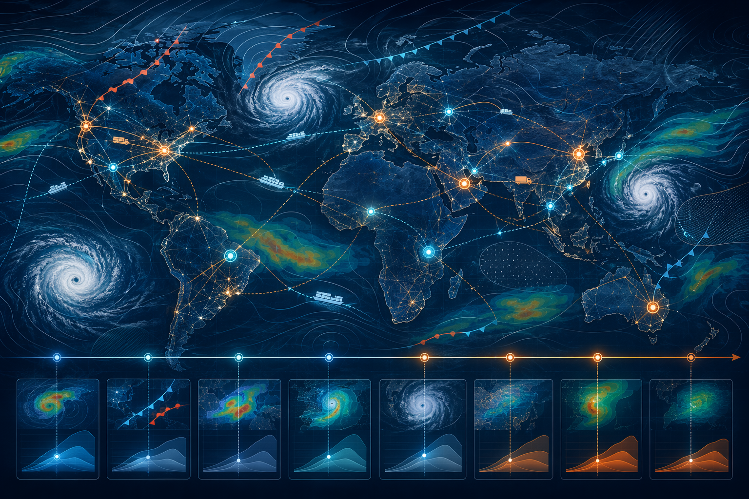 Global supply chain nodes and shipping routes overlaid with cyclone and weather system patterns