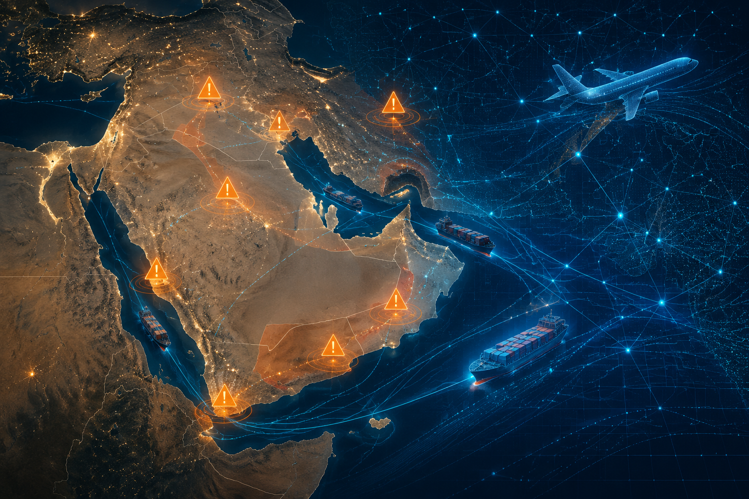 Stylized Middle East and Gulf map with travel advisory alerts, digital data streams, air cargo routes, and maritime shipping lanes