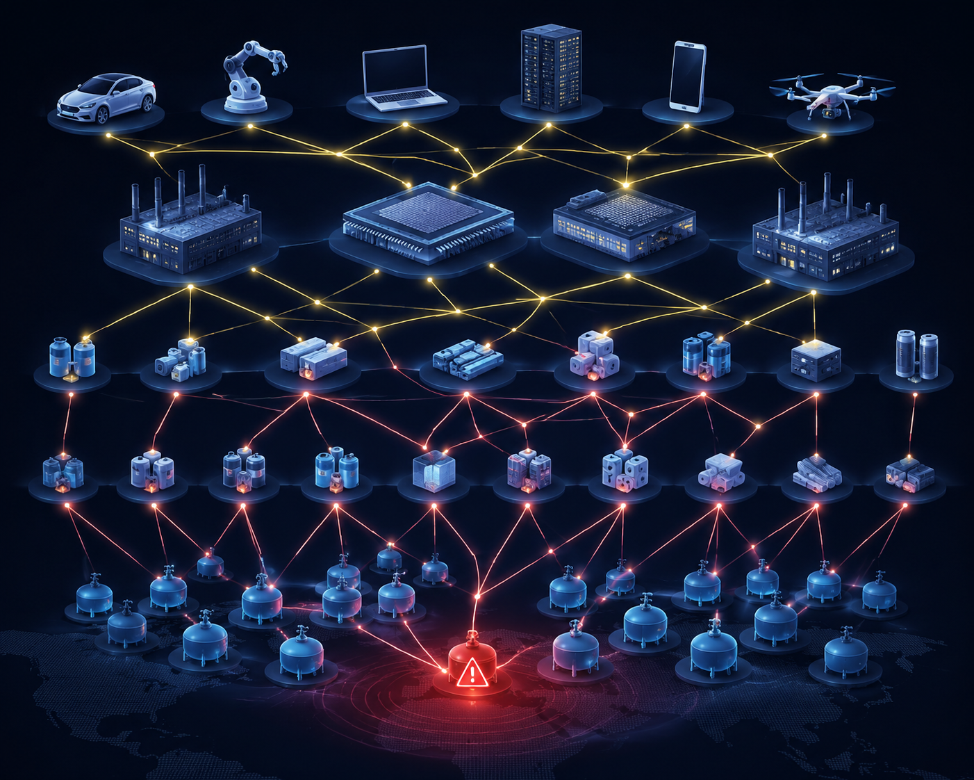 Layered supply chain dependency graph linking helium nodes to suppliers, components, fabs, and products