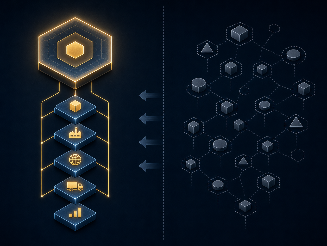 A dark-background editorial diagram showing two contrasting columns of supply chain software vendor archetypes — well-capitalized platforms on the left connected to a stable hub structure, and fragmented smaller vendors on the right with dashed outlines suggesting consolidation risk.