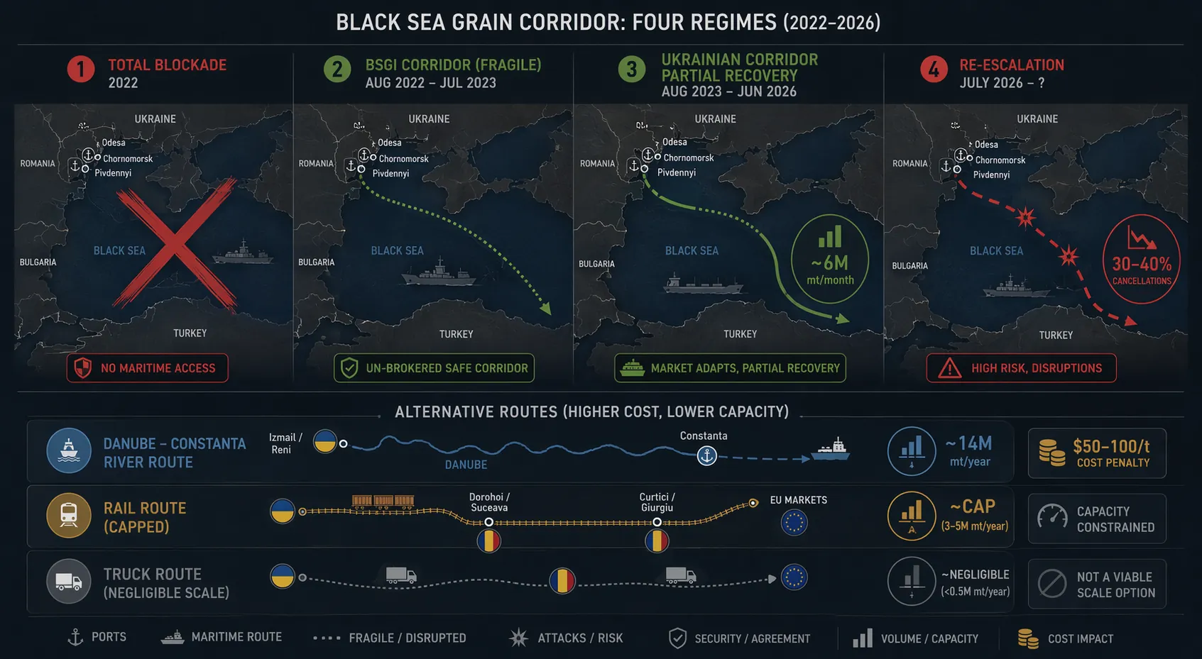 Timeline of Black Sea grain corridor regimes from 2022 to 2026 with alternative Danube, rail, and truck routes