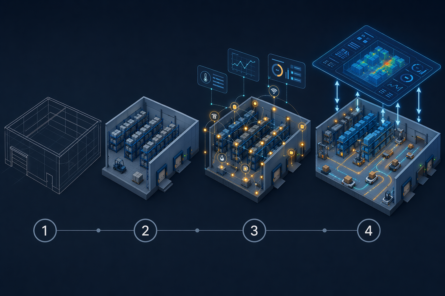 Four stages of warehouse digital twin maturity from CAD model to bidirectional control layer