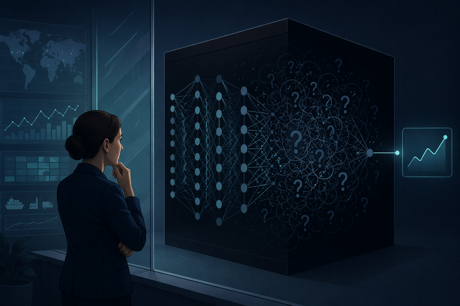 An illustration showing a human planner figure on the left looking at a dark geometric neural network shape with interconnected nodes and question marks inside, while a simple prediction output emerges on the right side, with a glass-like barrier separating the person from the model's internal reasoning, against a deep navy background.