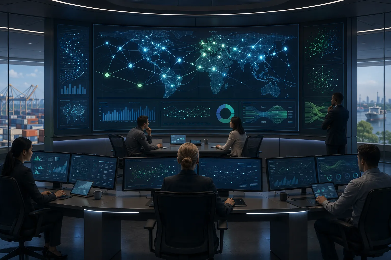 Planning center with human planners reviewing AI-generated supply chain network insights