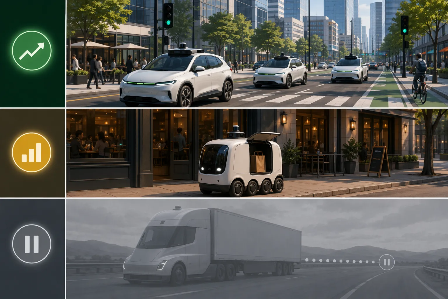 Three separated autonomy tracks showing robotaxis, autonomous food delivery, and a paused autonomous freight lane