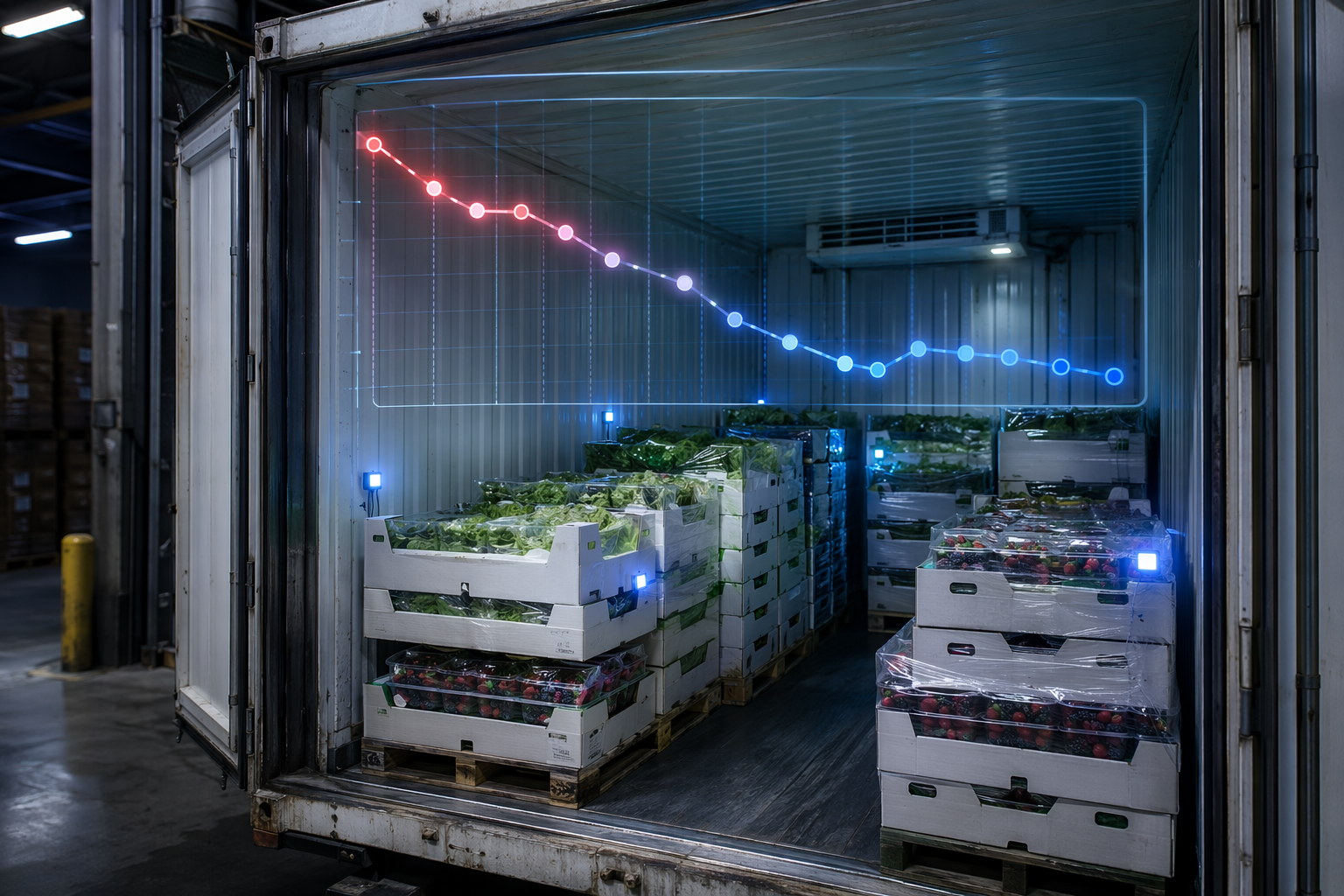 Refrigerated shipping container with produce pallets, sensor nodes, and a digital temperature-time graph showing cold-chain condition history