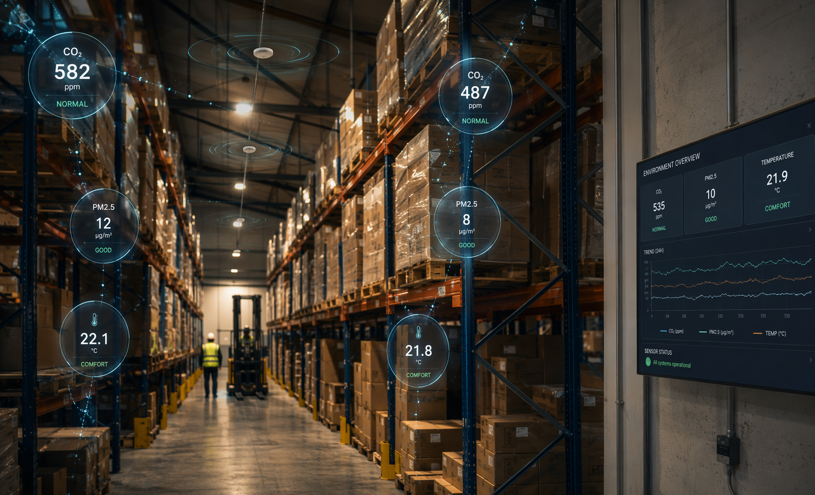 Warehouse aisle with ceiling-mounted air quality sensors and CO2 and particulate data overlays