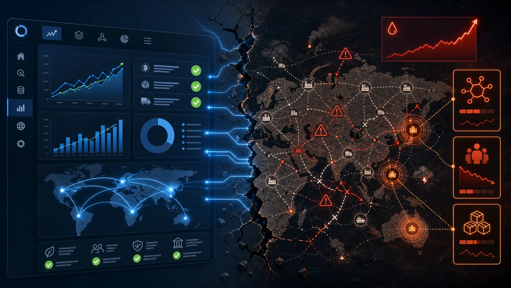 Split illustration contrasting a clean cost pass-through dashboard with a tangled oil shock supply chain map