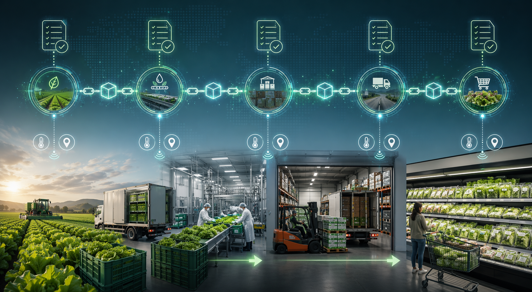 Leafy greens supply chain from farm to processing facility, warehouse, and grocery store with digital traceability data nodes