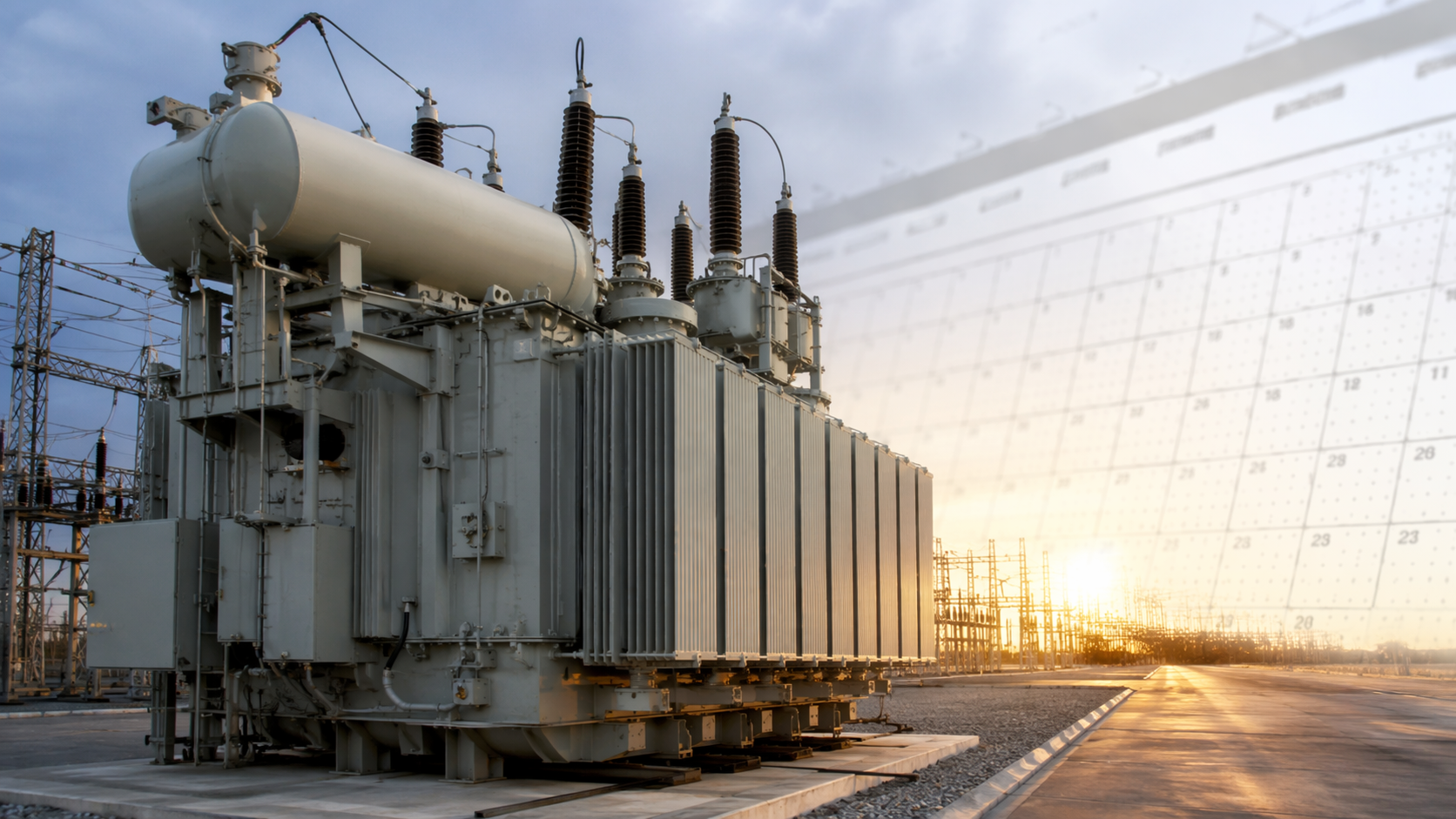 Large outdoor electrical transformer with a calendar-like timeline in the background