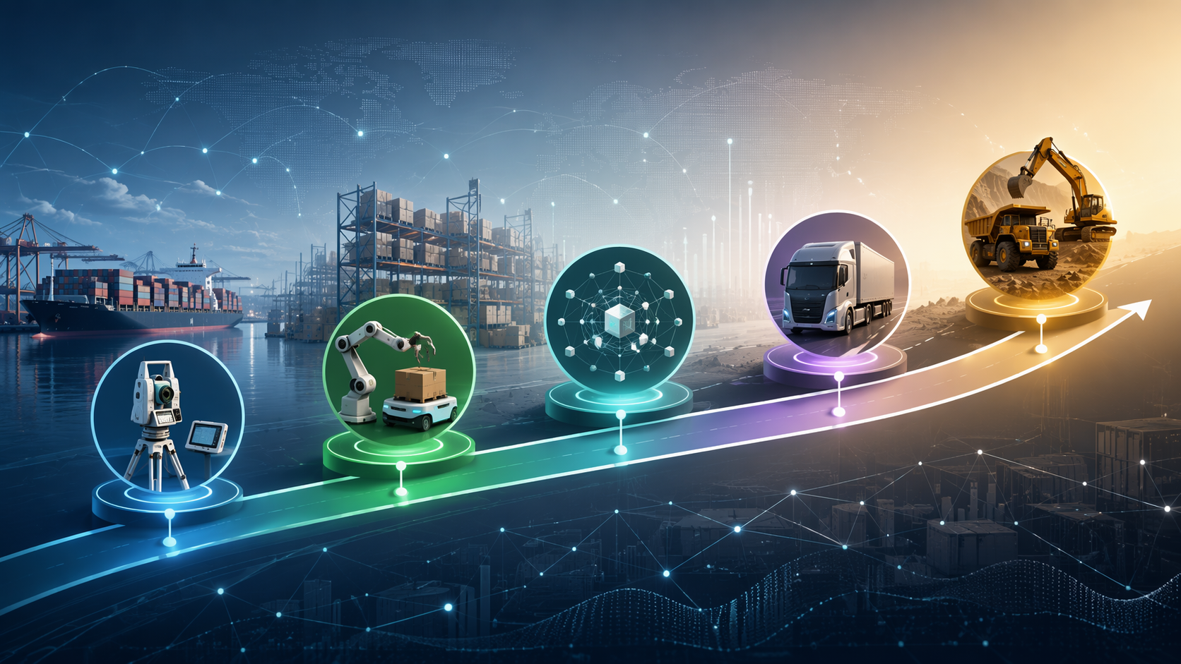 Supply chain AI maturity timeline with construction digitization, warehouse robotics, logistics data, autonomous truck, and heavy equipment icons
