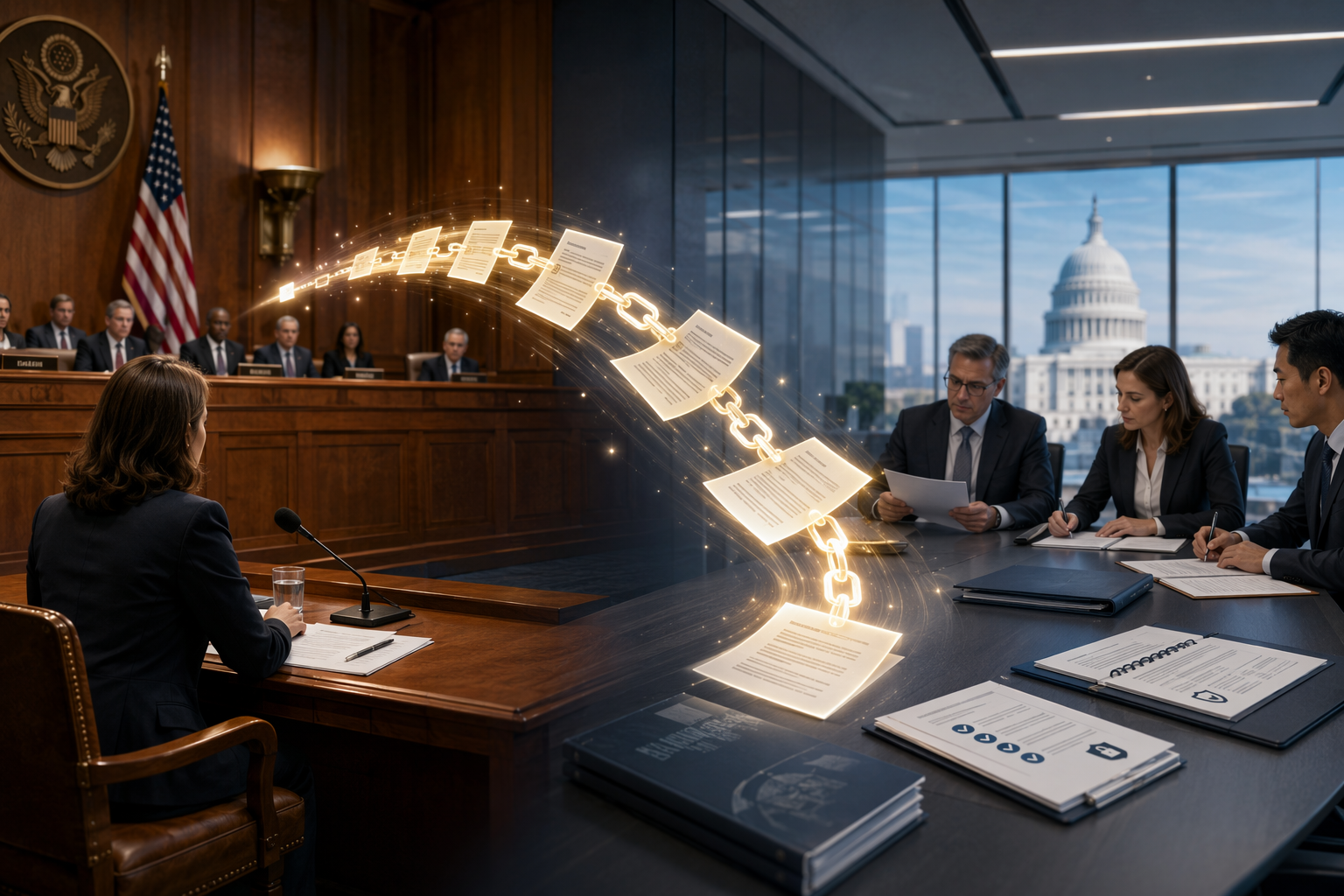 Congressional hearing room connected by policy documents to a procurement desk with contract folders and security checklists