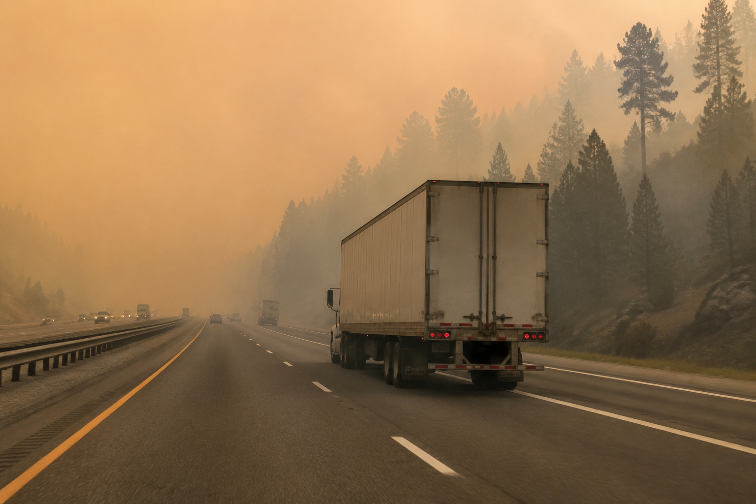 Semi-trailer truck driving through heavy orange-gray wildfire smoke on a multi-lane highway corridor