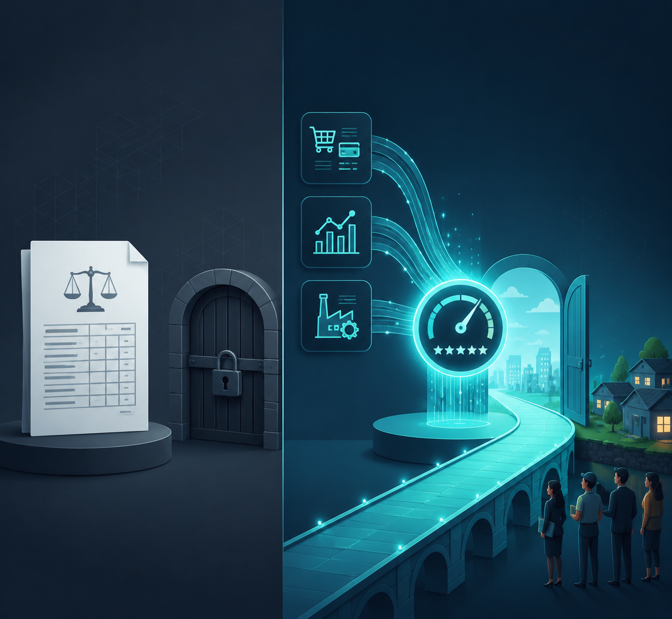 Traditional balance-sheet credit assessment compared with AI-powered alternative data underwriting for SME suppliers