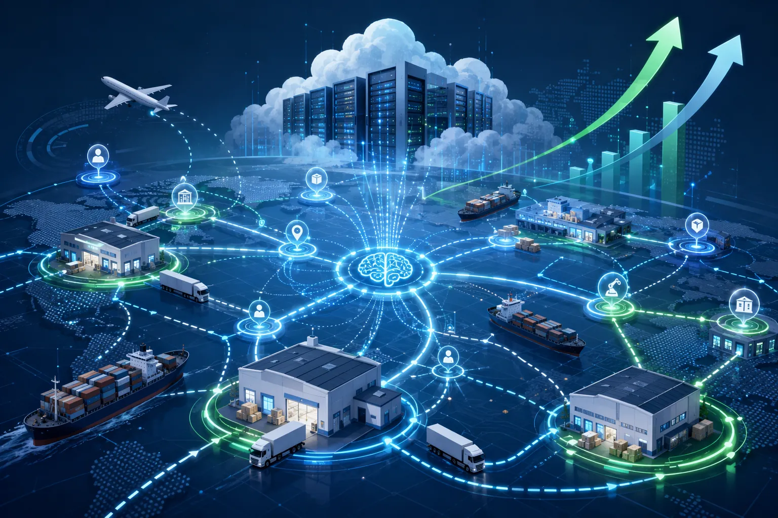 Stylized supply chain network with warehouses, shipping nodes, AI data flows, cloud infrastructure, and growth arrows