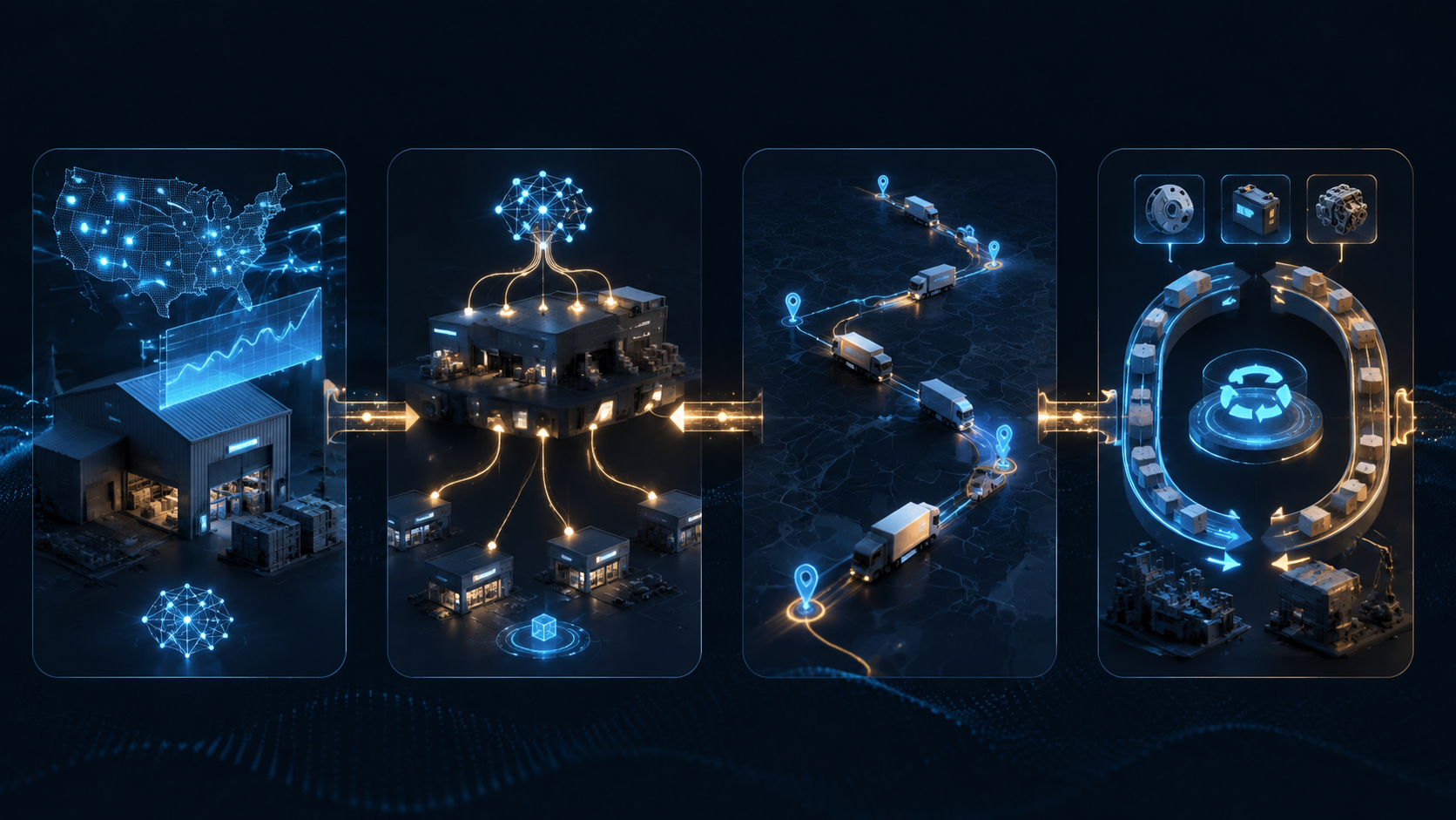 Four-stage workflow diagram for predictive inventory pre-positioning, automated dealer allocation, route optimization, and reverse logistics