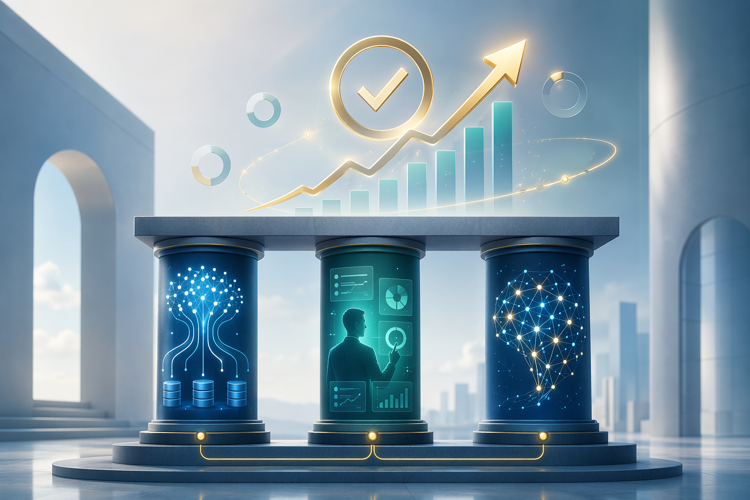Three pillars representing data readiness, human-in-the-loop governance, and AI technology with an upward ROI indicator
