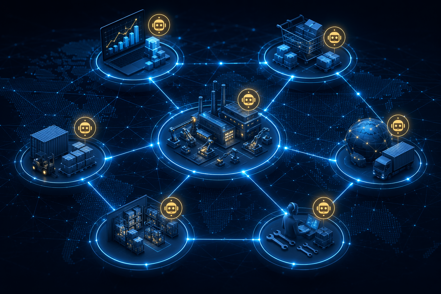 Supply chain network with AI agent icons embedded in planning, procurement, manufacturing, logistics, inventory, and service nodes