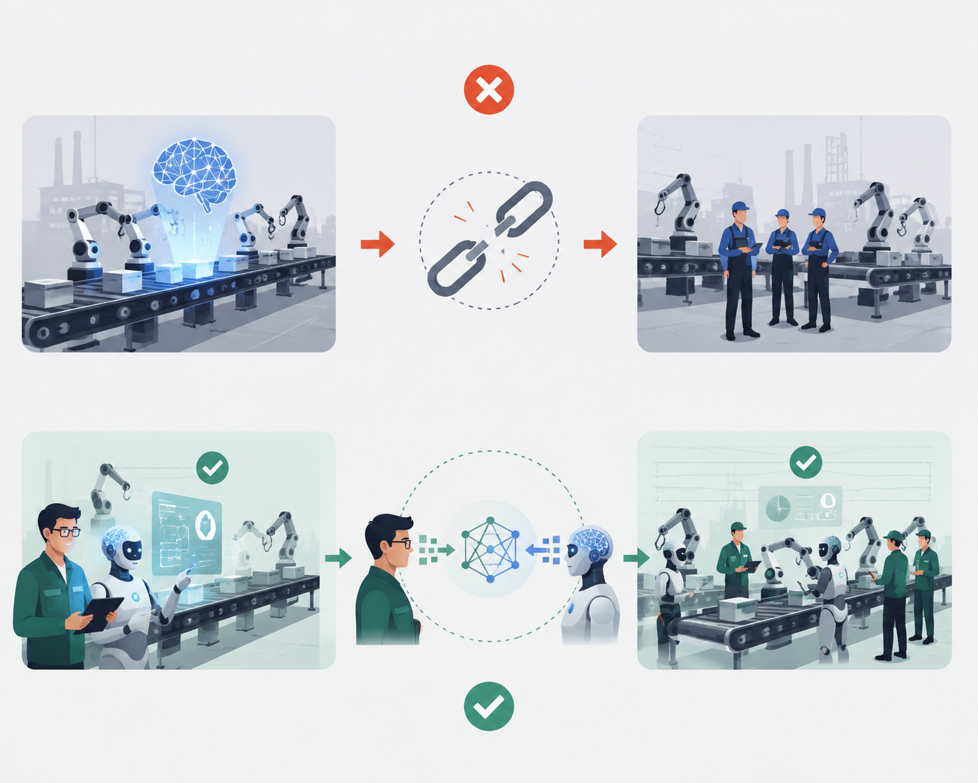 Diagram comparing an AI-only factory deployment path with a human-and-AI pilot path that scales after learning