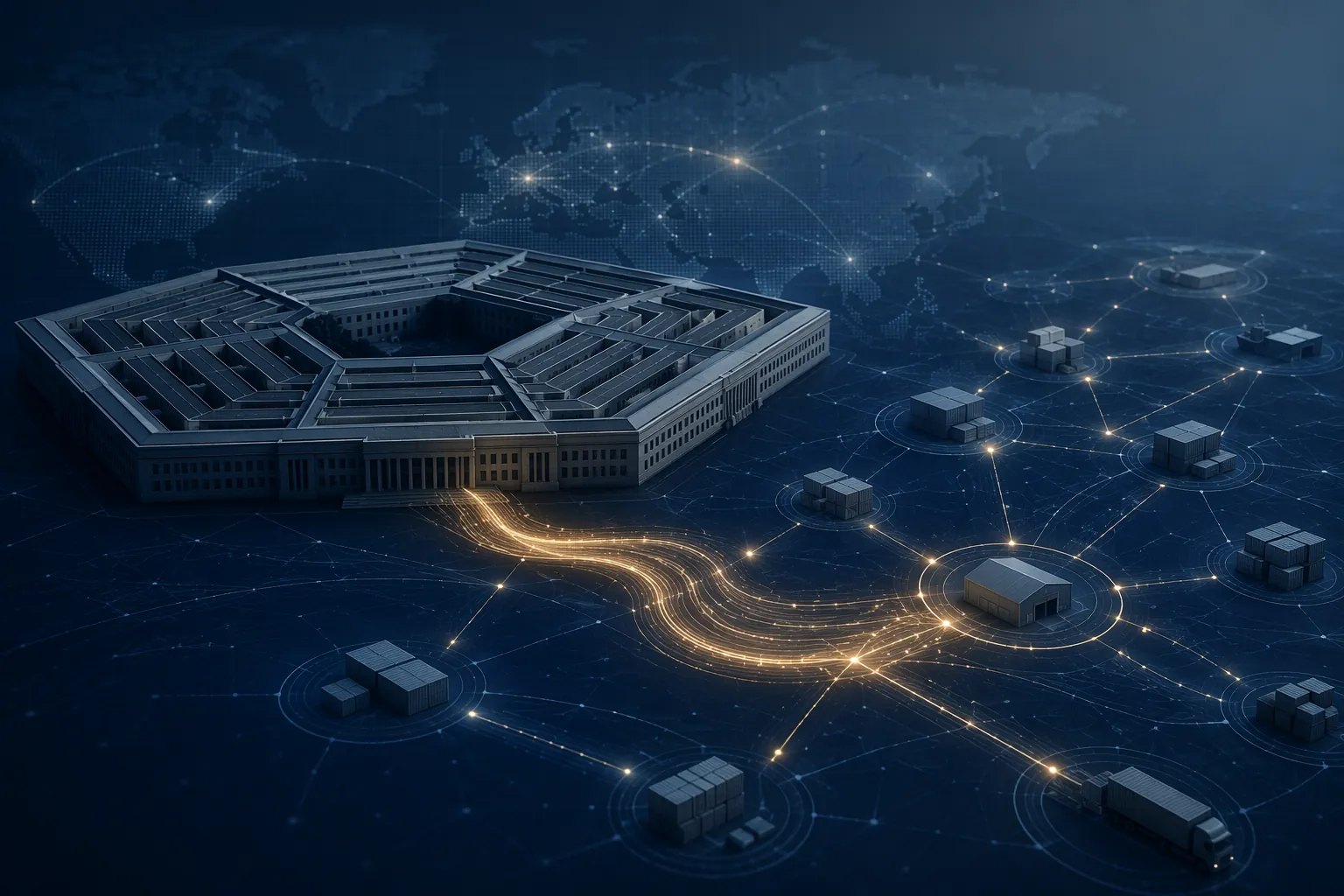 Pentagon silhouette connected to an abstract supply chain network